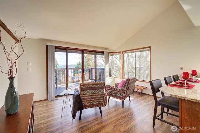 interior space featuring high vaulted ceiling, light wood-type flooring, visible vents, and baseboards