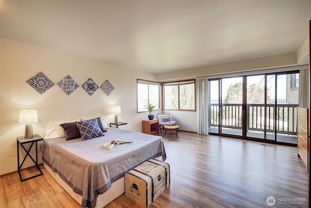 bedroom with multiple windows, wood finished floors, and access to exterior