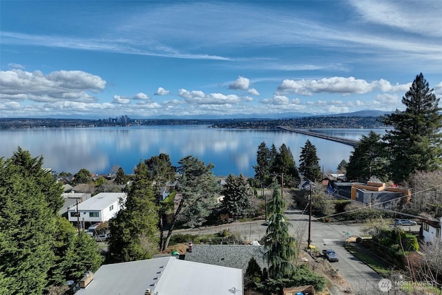 drone / aerial view featuring a water view