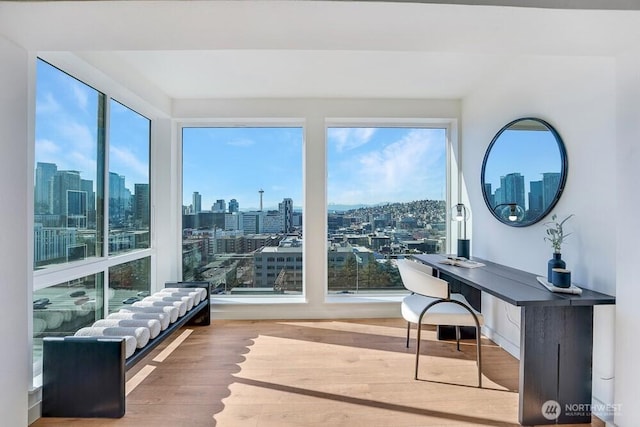 interior space featuring a view of city and wood finished floors