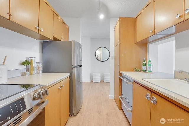 kitchen featuring light wood-style floors, stainless steel appliances, light countertops, and a sink