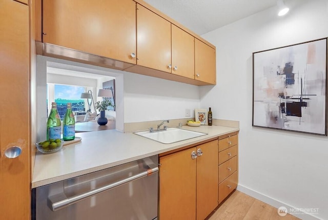 kitchen featuring baseboards, light countertops, stainless steel dishwasher, light wood-style floors, and a sink