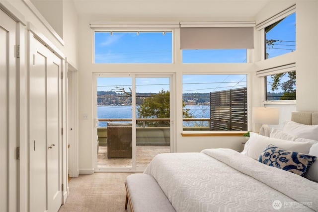 bedroom with carpet floors, a water view, access to outside, and a high ceiling