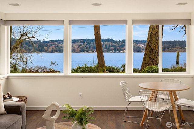 sunroom / solarium featuring a water view and a view of trees