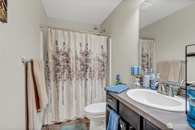 bathroom with vanity, toilet, and a shower with curtain