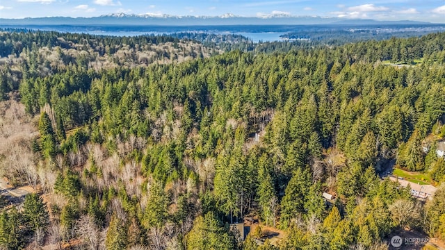 aerial view featuring a wooded view