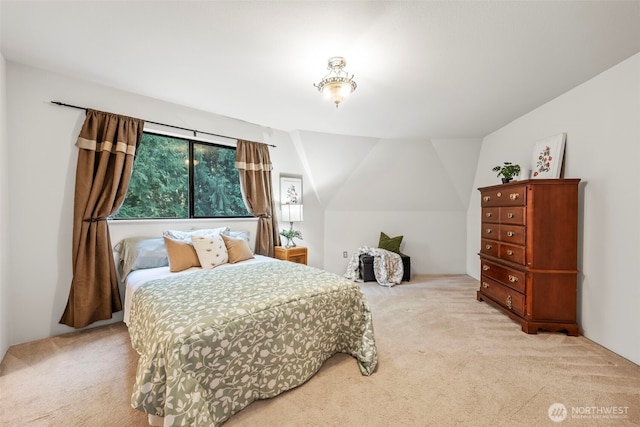 carpeted bedroom with lofted ceiling