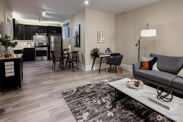 living room with track lighting, baseboards, and light wood finished floors