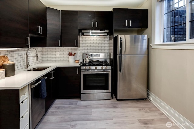 kitchen with under cabinet range hood, stainless steel appliances, a sink, light countertops, and backsplash