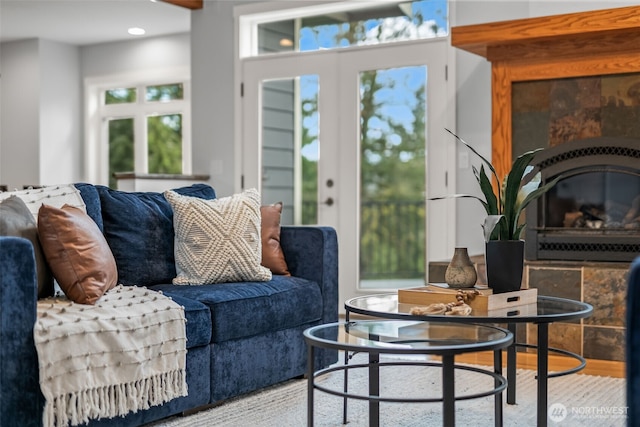 living area with a glass covered fireplace, wood finished floors, and french doors