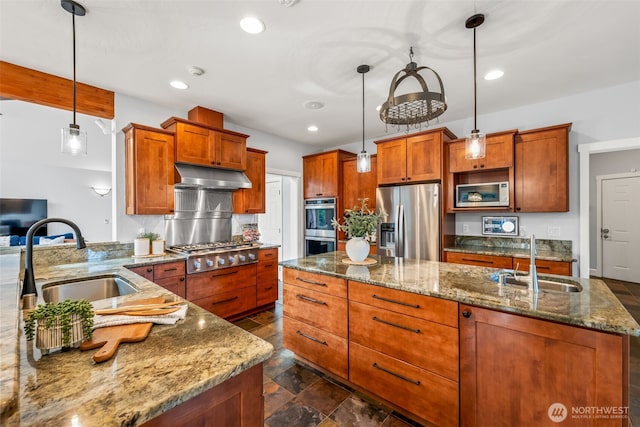 kitchen with stone counters, under cabinet range hood, appliances with stainless steel finishes, and a sink