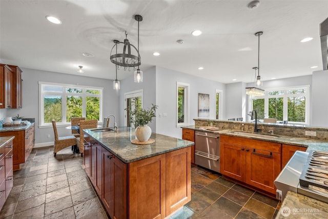 kitchen with stone tile floors, brown cabinetry, recessed lighting, a sink, and dishwasher