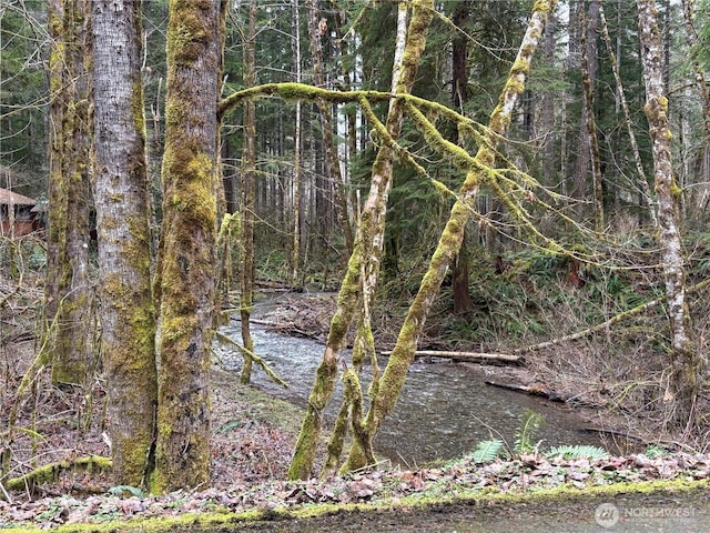 view of landscape featuring a forest view