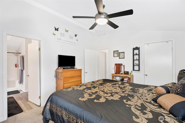 bedroom featuring lofted ceiling and ceiling fan