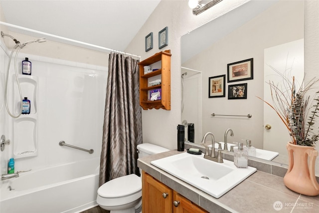 full bath featuring toilet, vanity, lofted ceiling, and shower / bathtub combination with curtain