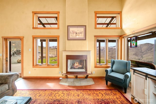 74 Sawtooth View Rd, Pateros, WA 98846 - living room with a high ceiling, a warm lit fireplace, baseboards, and wood finished floors