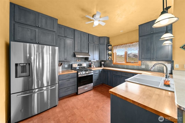 74 Sawtooth View Rd, Pateros, WA 98846 - kitchen with wooden counters, ceiling fan, stainless steel appliances, under cabinet range hood, and a sink