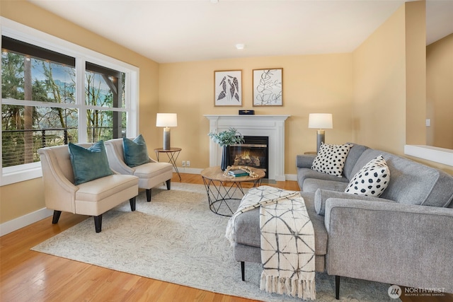 living area with a glass covered fireplace, wood finished floors, and baseboards