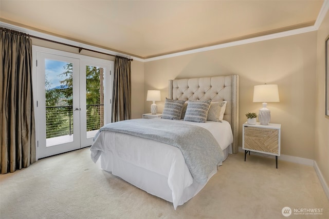 bedroom featuring french doors, light colored carpet, access to exterior, and ornamental molding