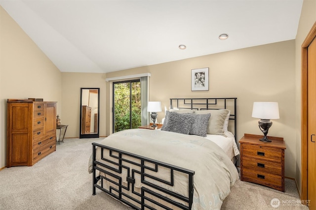 bedroom with vaulted ceiling, recessed lighting, and light carpet