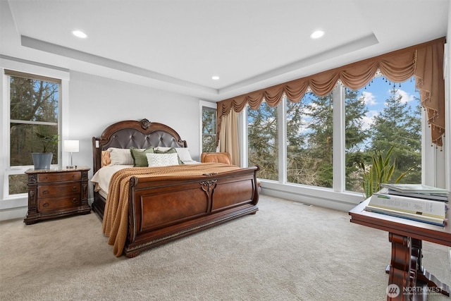 carpeted bedroom featuring visible vents, a raised ceiling, and recessed lighting