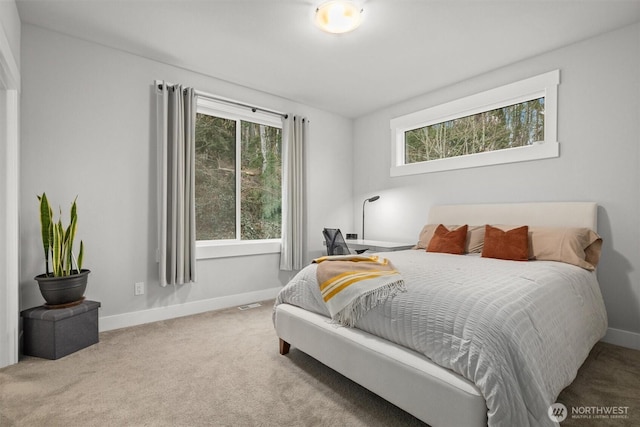 carpeted bedroom featuring multiple windows and baseboards