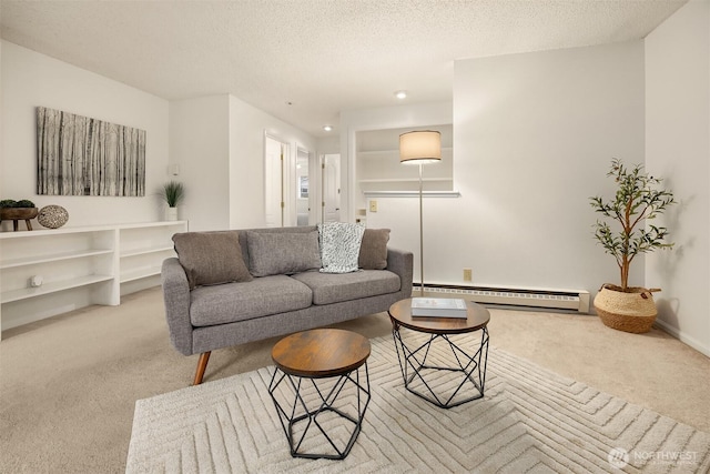 carpeted living room featuring baseboards, a textured ceiling, and baseboard heating