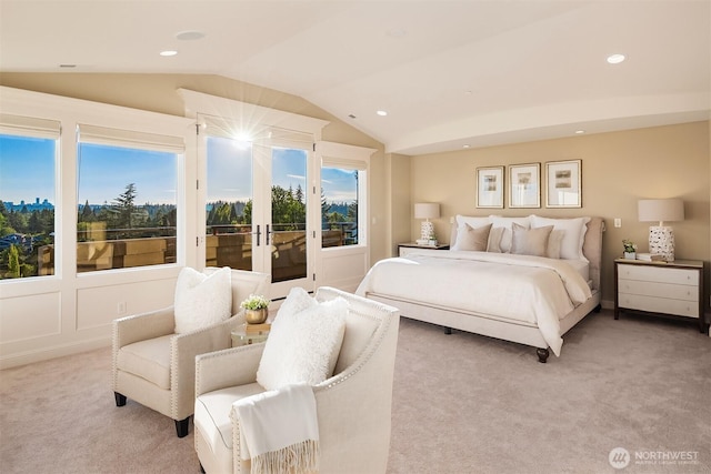 bedroom featuring recessed lighting, light colored carpet, access to exterior, and vaulted ceiling