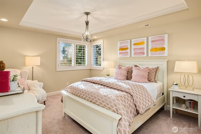 carpeted bedroom with visible vents, recessed lighting, baseboards, and ornamental molding