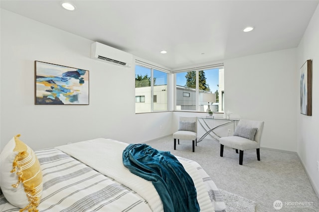 bedroom featuring carpet, a wall unit AC, baseboards, and recessed lighting