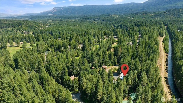 bird's eye view with a forest view and a mountain view