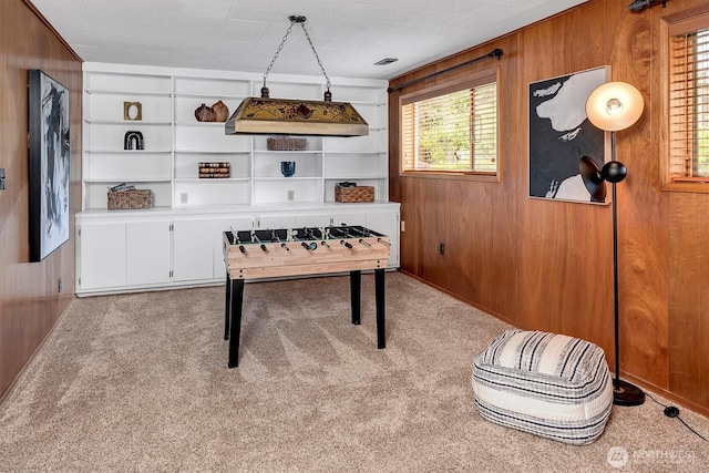 rec room with wooden walls and carpet floors