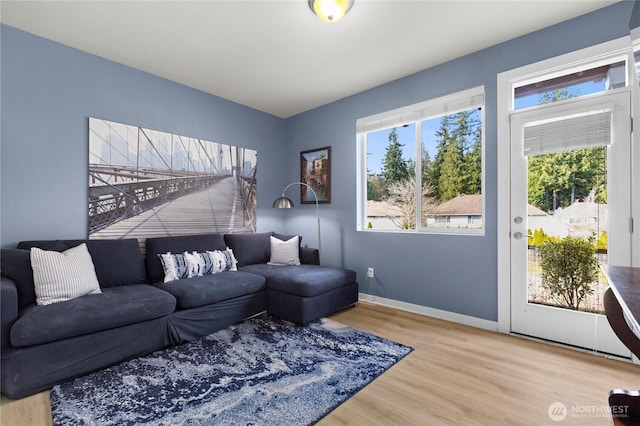 living room with baseboards and wood finished floors