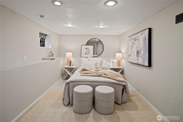 bedroom featuring recessed lighting and baseboards