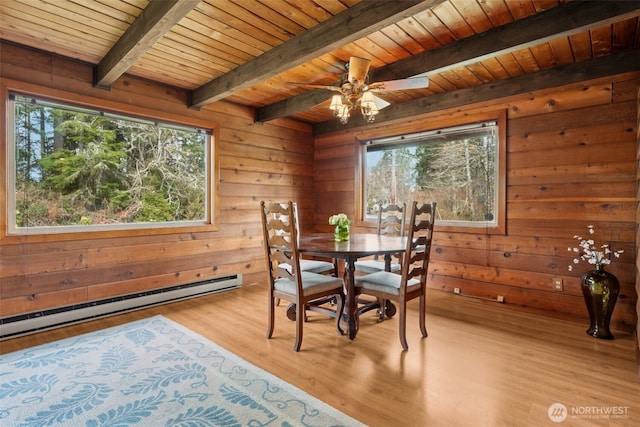 dining area with wooden ceiling, a baseboard heating unit, beamed ceiling, and wood finished floors