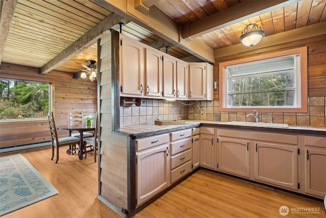 kitchen featuring a sink, wood walls, wood ceiling, and a wealth of natural light