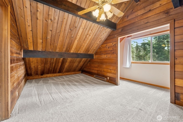 additional living space with wood ceiling, ceiling fan, vaulted ceiling with beams, carpet, and wood walls