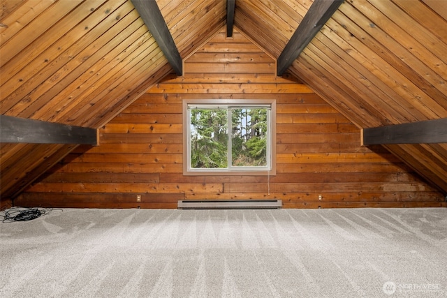 bonus room featuring vaulted ceiling with beams, wood walls, and a baseboard radiator