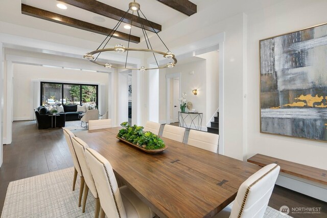 10906 SE 28th St, Bellevue, WA 98004 - dining space featuring hardwood / wood-style floors, beam ceiling, a chandelier, and stairs