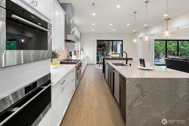 10906 SE 28th St, Bellevue, WA 98004 - kitchen with tasteful backsplash, wall chimney exhaust hood, a sink, appliances with stainless steel finishes, and wood finished floors