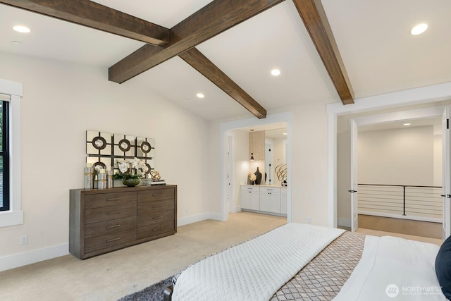 10906 SE 28th St, Bellevue, WA 98004 - bedroom with light carpet, baseboards, lofted ceiling with beams, and recessed lighting