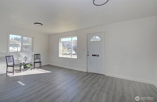 foyer entrance with baseboards and wood finished floors