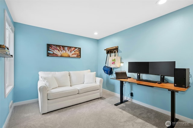 carpeted office space featuring recessed lighting and baseboards