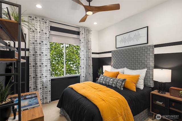 bedroom with carpet flooring, a ceiling fan, and recessed lighting