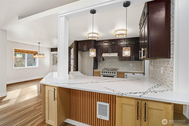 kitchen featuring backsplash, under cabinet range hood, a peninsula, stainless steel range, and a sink