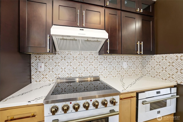 kitchen with under cabinet range hood, dark brown cabinetry, high end range, decorative backsplash, and white oven