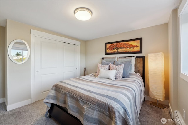 bedroom with a closet, carpet flooring, baseboards, and multiple windows