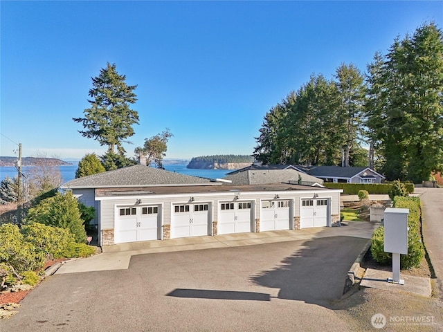 garage with a water view