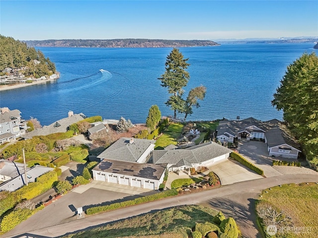 bird's eye view featuring a water view and a residential view