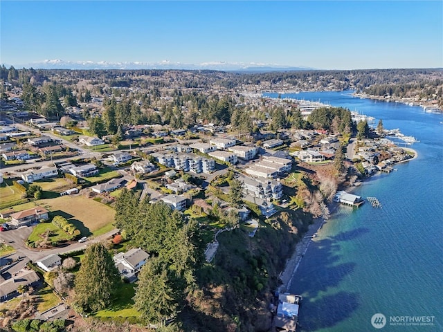 birds eye view of property with a residential view and a water view